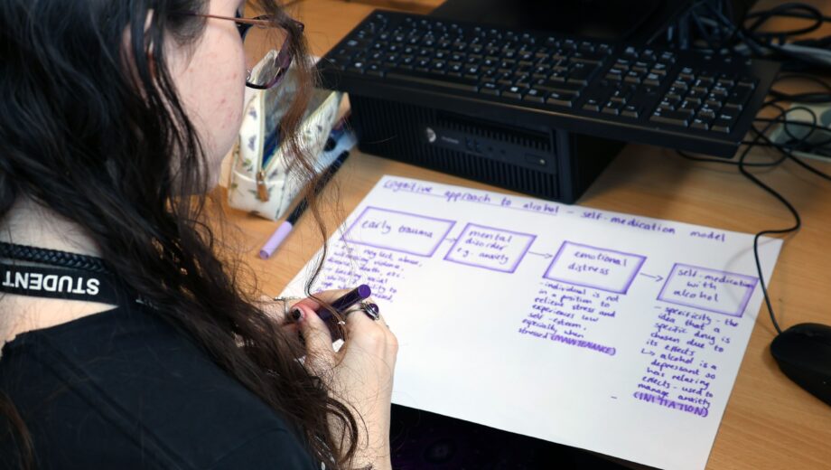 Girl sat at a desk with a white board in front of her