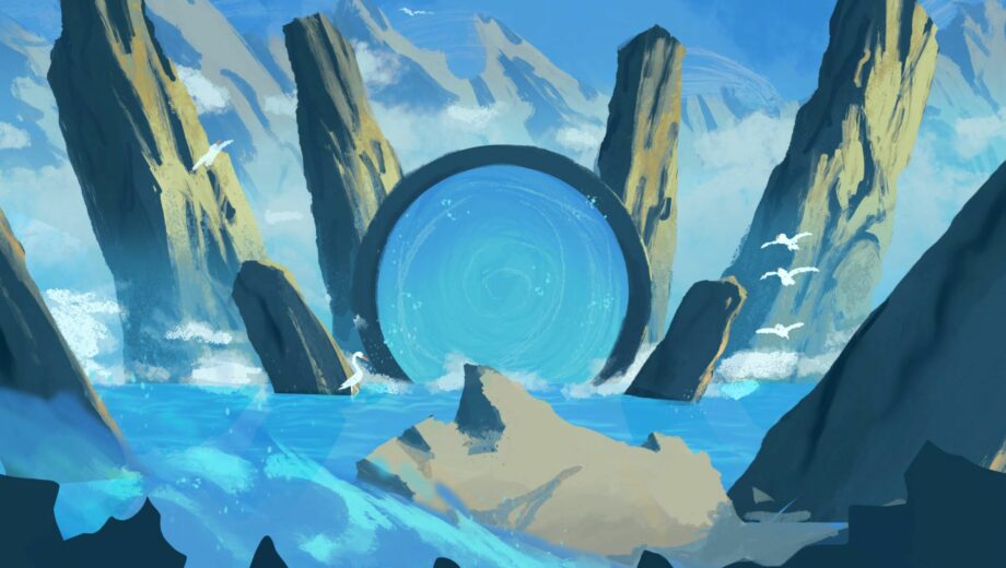 Artwork of an ocean and rocks. Sixth Form college