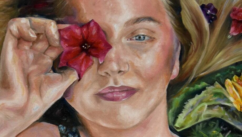 A piece of artwork showing a female lying hold holding a flower up to her eye