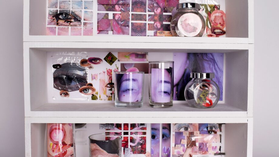 Image of a white box shelving unit with two shelves and glasses on