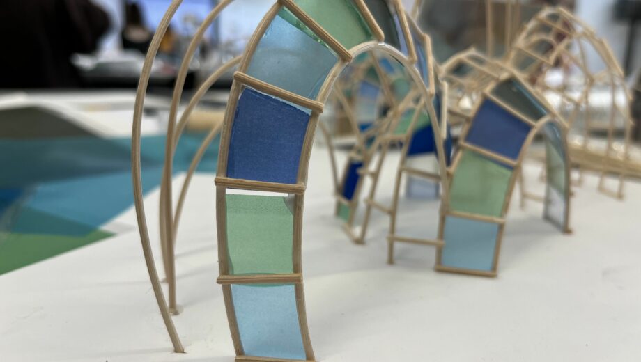 Picture of blue and green sculpture artwork. colleges in st helens