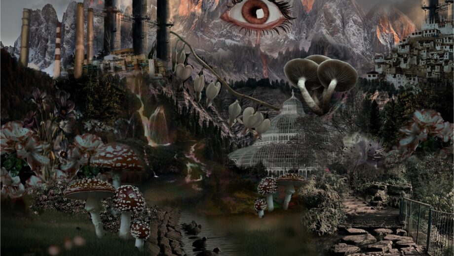 Artwork painting using dark brown and grey colours featuring an eye