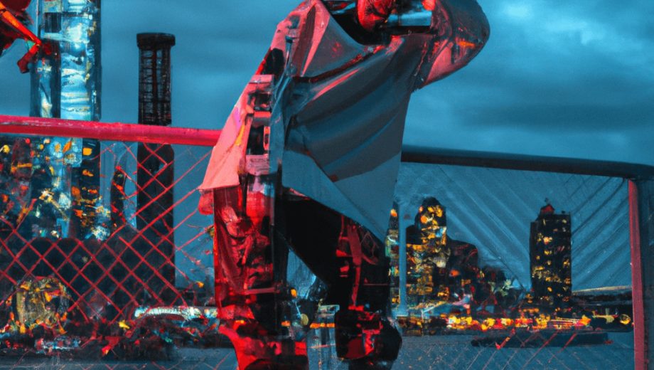 Artwork image of a person outside on a bridge at night time with a dark blue sky. colleges in merseyside