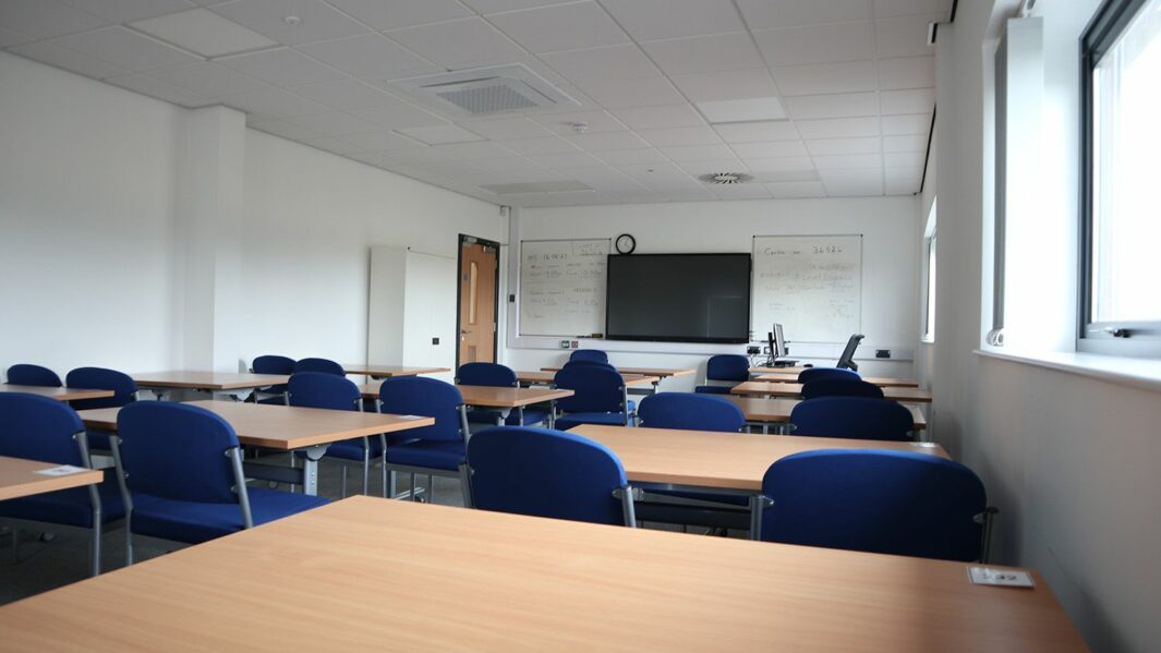 An empty classroom in Stoker building at Carmel College
