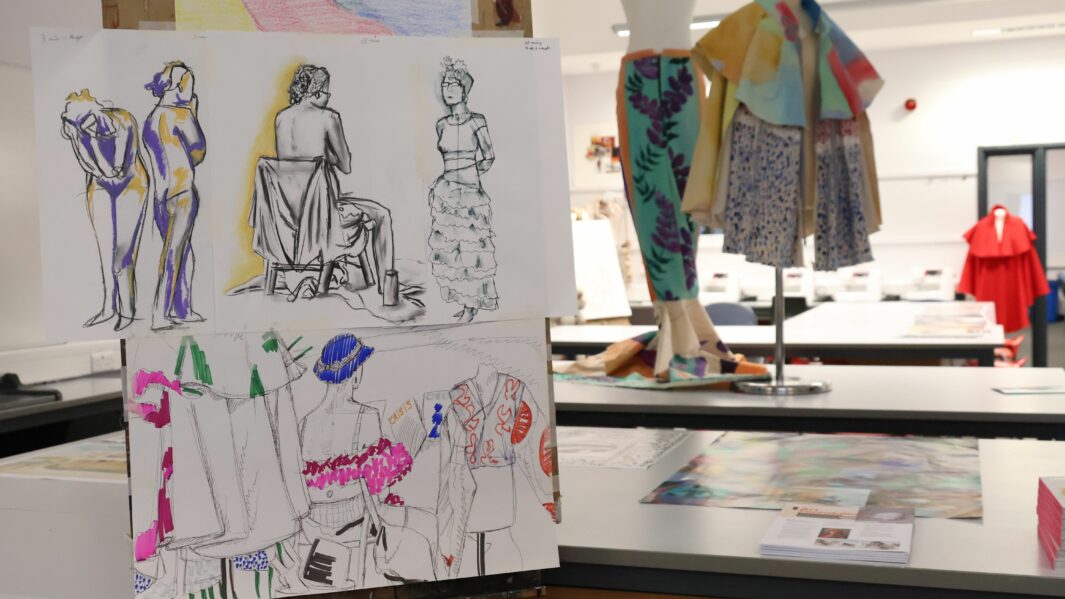 Artwork of textiles in an art class