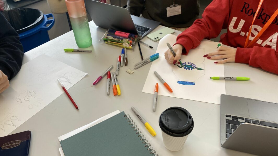 Student artwork at a desk