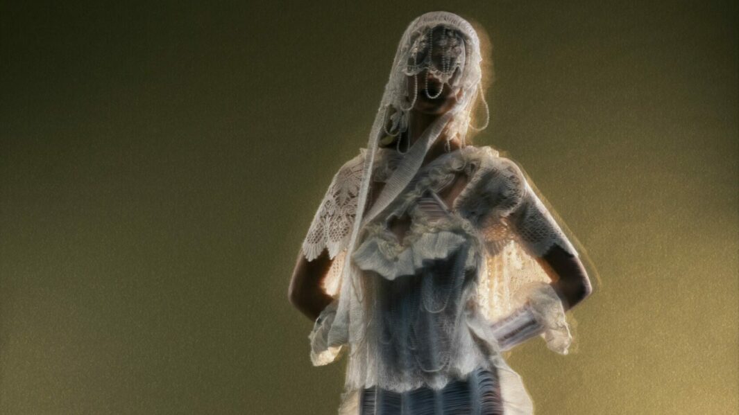 model posing with face covered in white lace dress