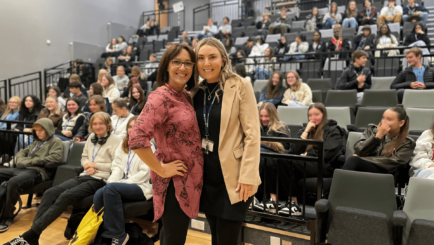 Sam Lewis and Tutor Lauren Boswell in the Dalton theatre at a talk