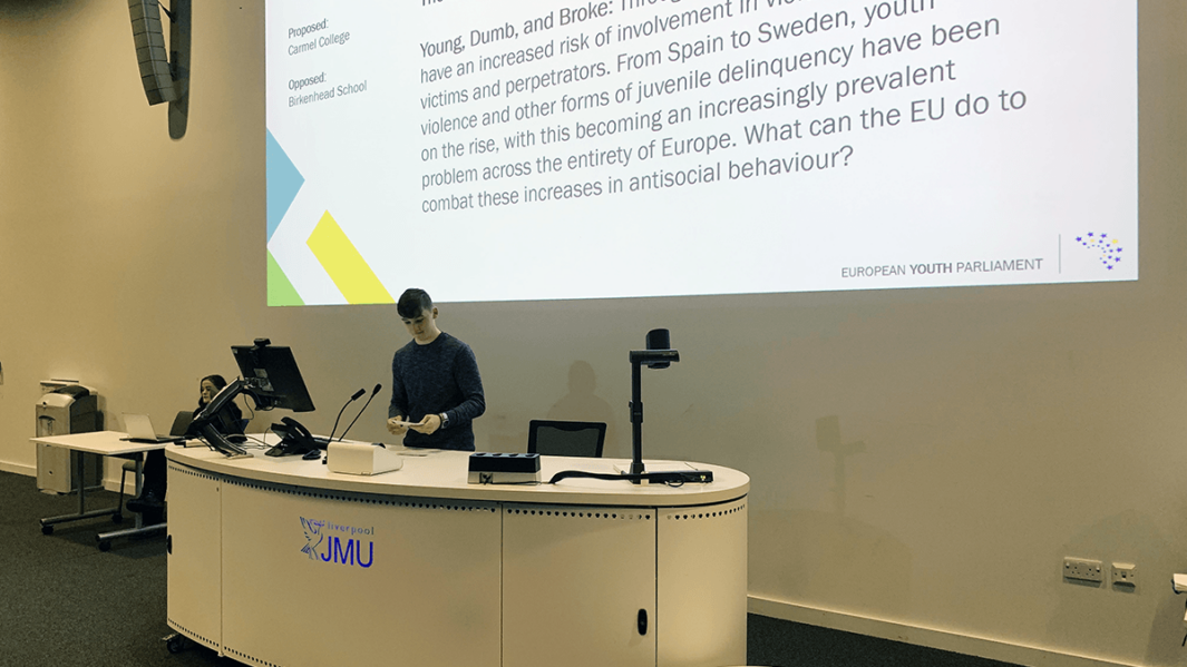 Carmel College A Level Politics student debates at European Youth Parliament regional finals
