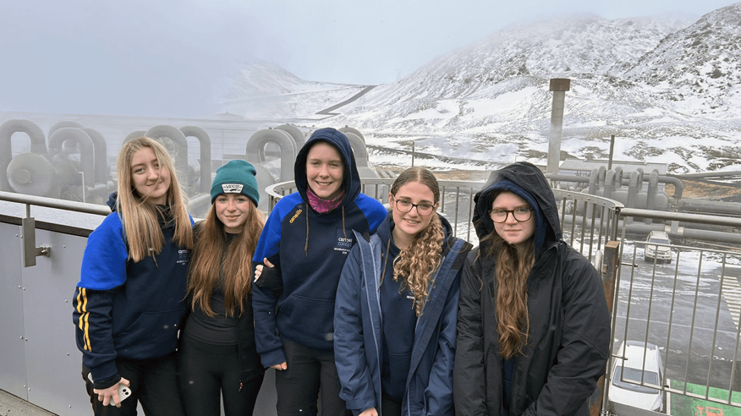 A Level Geography students from Carmel College pose outside Hellisheidi Geothermal Power Station