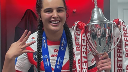 Saints RLFC player Beri Salihi celebrating after championship league victory against Leeds