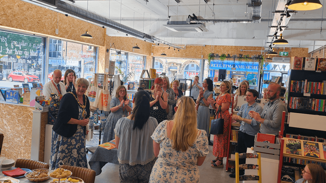 Celebrations underway at St Helens Book Shop for Carmel's Foundation Learning book launch party for Have A Go Avocado