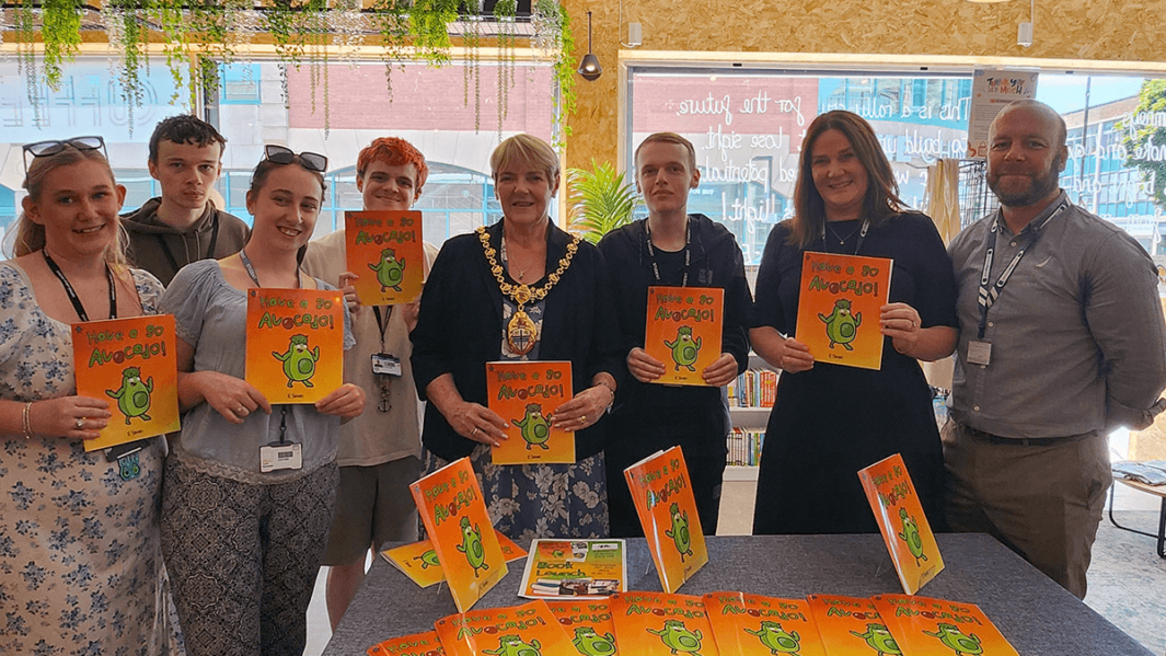 Carmel College Foundation Learning students pictured with Councillor Jeanette Banks, Mayor of St Helens at Have A Go Avocado book launch