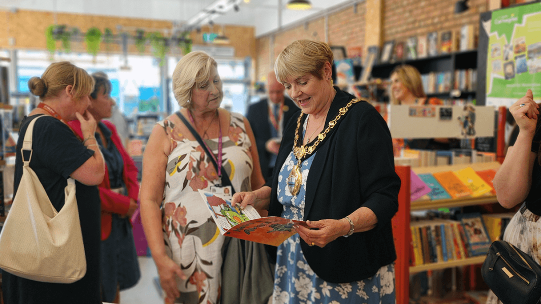 Councillor Jeanette Banks, Mayor of St Helens attends launch event of Have A Go Avocado written by nine Carmel College Foundation Learning students.