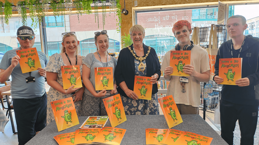 Councillor Jeanette Banks, Mayor of St Helens celebrate launch of Carmel College's Foundation Learning students' book launch of Have A Go Avocado