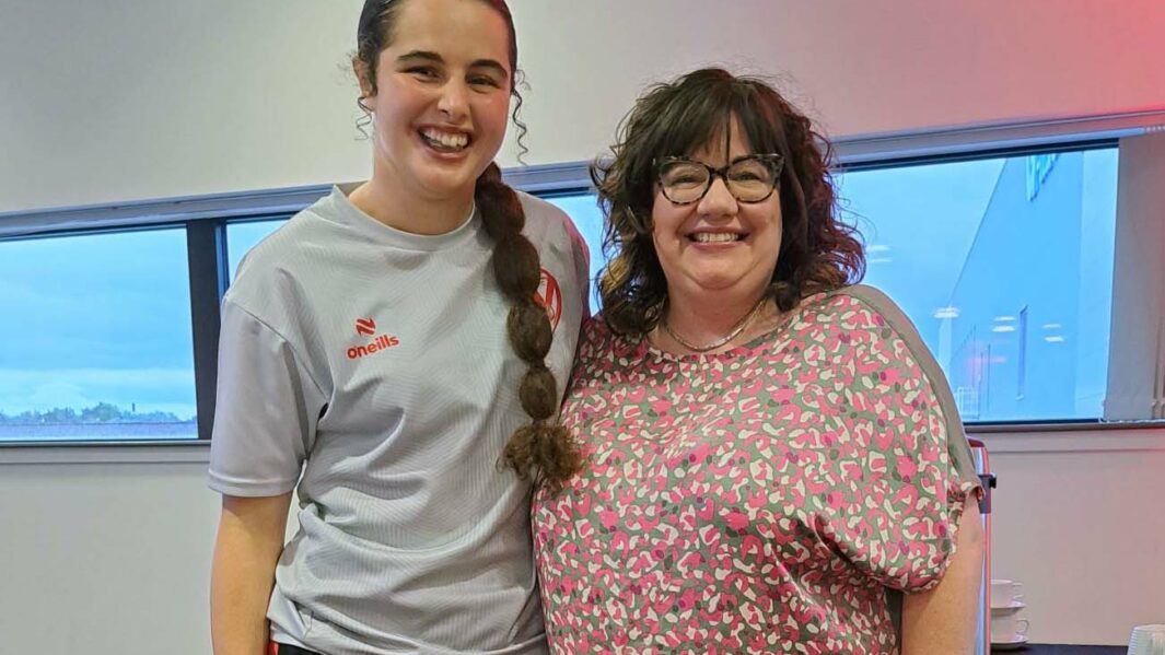 Staff member Caroline Oates pictured with Saints RLFC Women's Player and Carmel College Student Beri Salihi