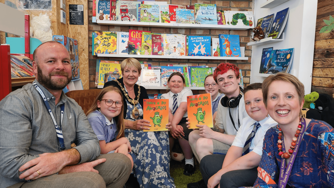 Eaves Primary School students pictured with Councillor Jeanette Banks, Mayor of St Helens alongside Carmel College's Foundation Learning department at Have A Go Avocado book launch