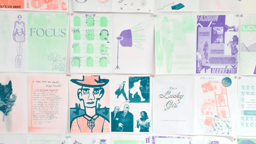 Display board of design concepts created by fashion and design higher education students.