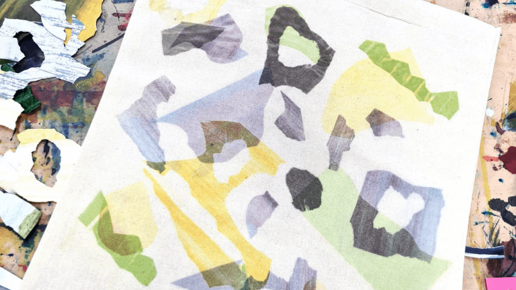 Canvas tote bag with unique student artwork printed on canvas bag.