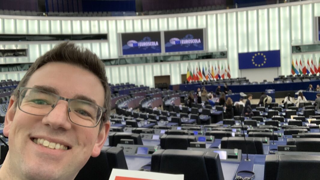 Politics teacher Tim Holden at the European Parliament in Strasbourg
