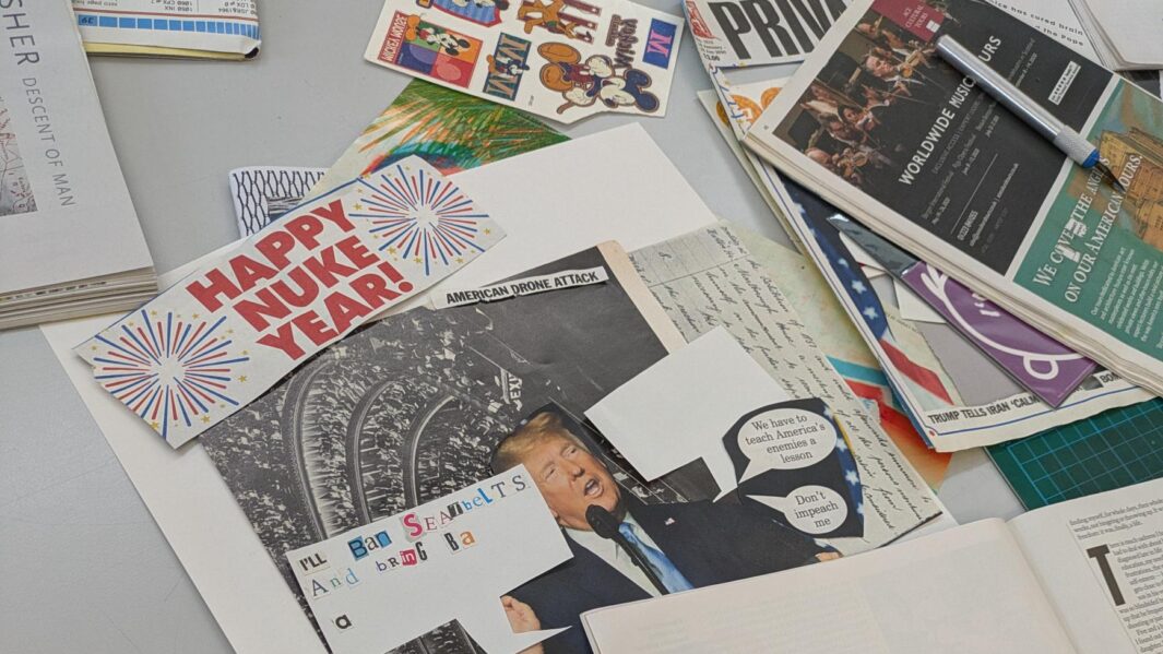 a number of collages spread out on a desk