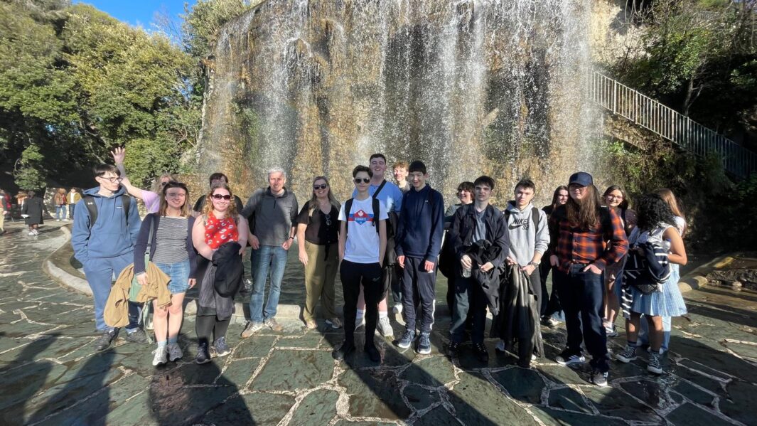 Students by a building in Nice, France