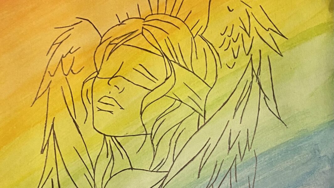 Pen line drawing of a female blindfolded angel on a rainbow coloured background