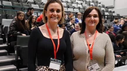 Irene Kennedy and Rachel Wellens from Invictus Medical delivering a talk to students