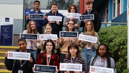 A group of students (Oxbridge offer holders) stood at the front of college