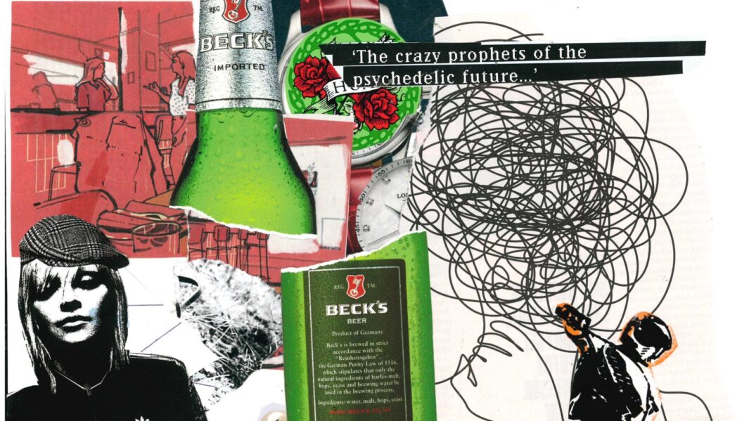 messy artwork featuring a broken green glass bottle and people