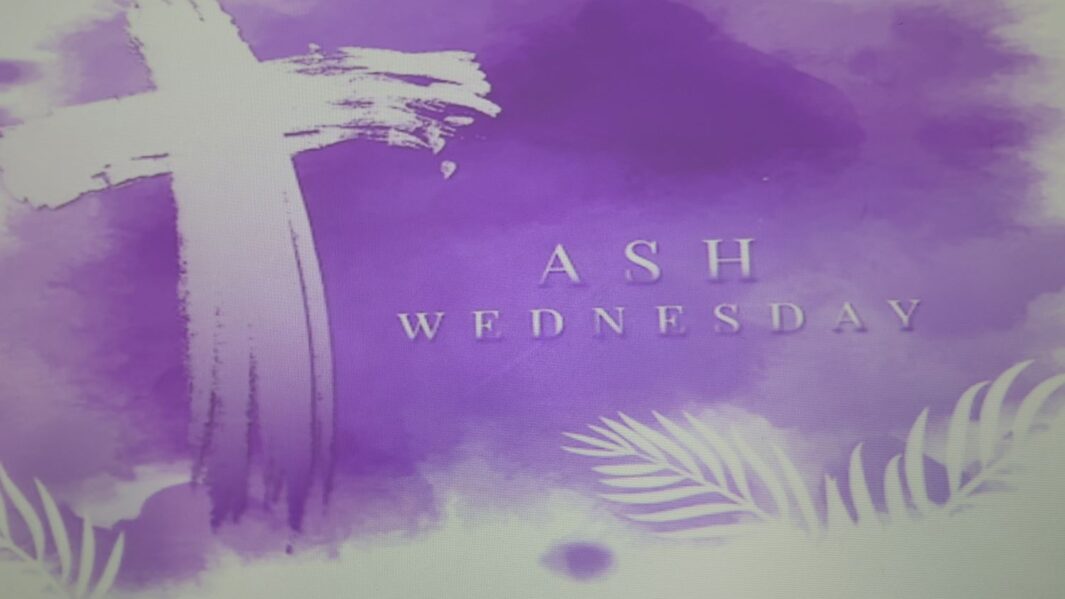 Image of an ash wednesday powerpoint slide. purple with a cross on
