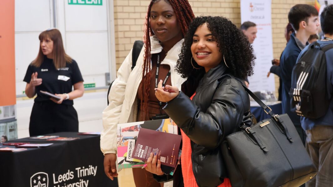 Two female students at the careers fair