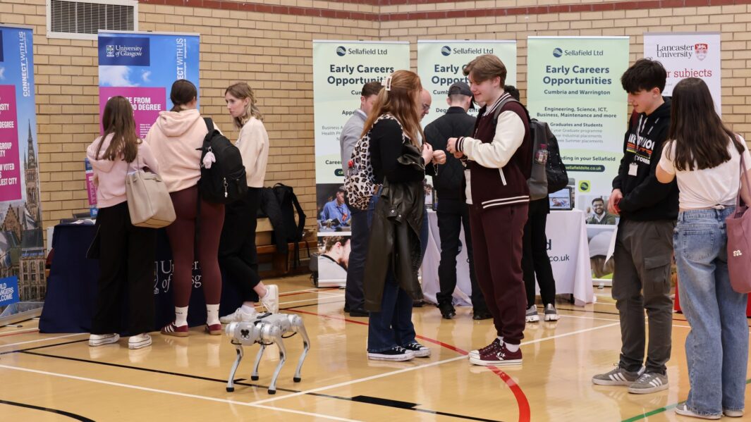 students talking to employers and universities at the careers fair