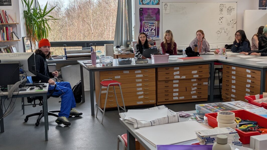 Students in class at an art workshop with James Rice