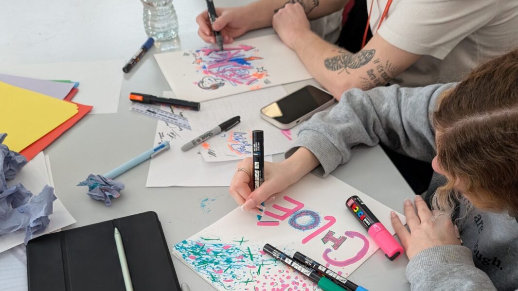 Students in class at an art workshop with James Rice