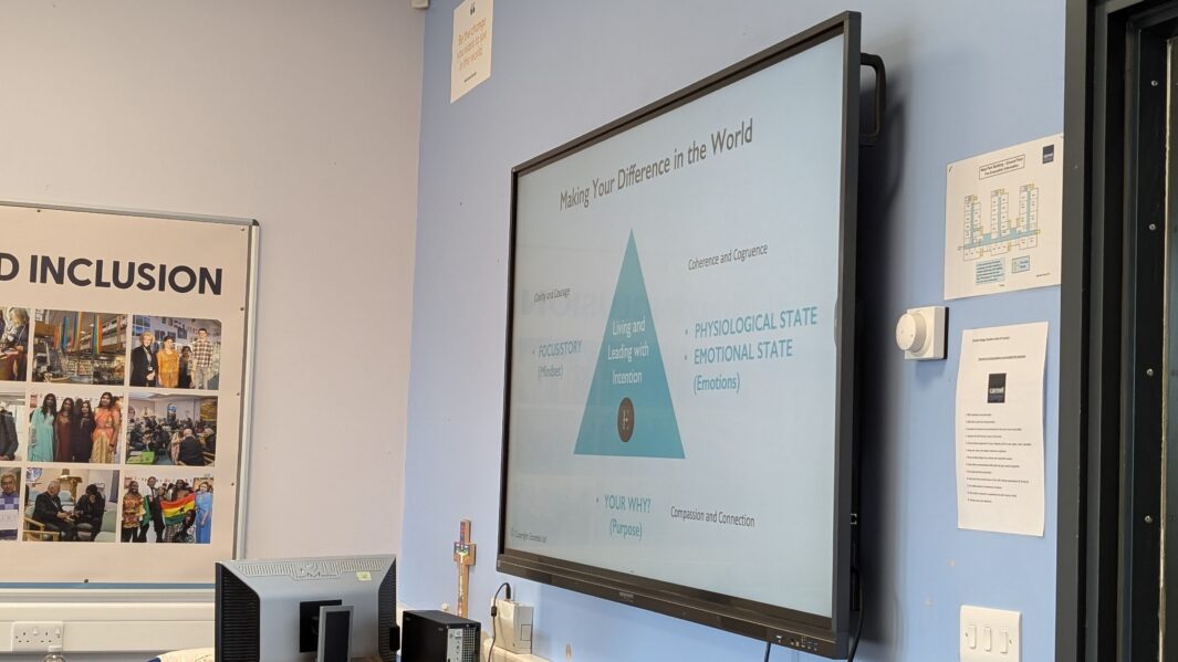 white board on classroom wall with blue triangle in the middle with text around it