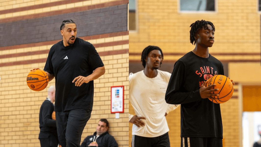 Two Male Students Playing Basketball and NBA star featured to the left