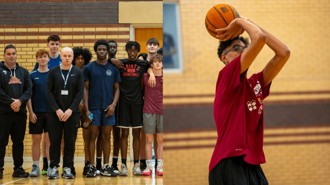 Group picture of Basketball team on the left and male student shooting hoops on right