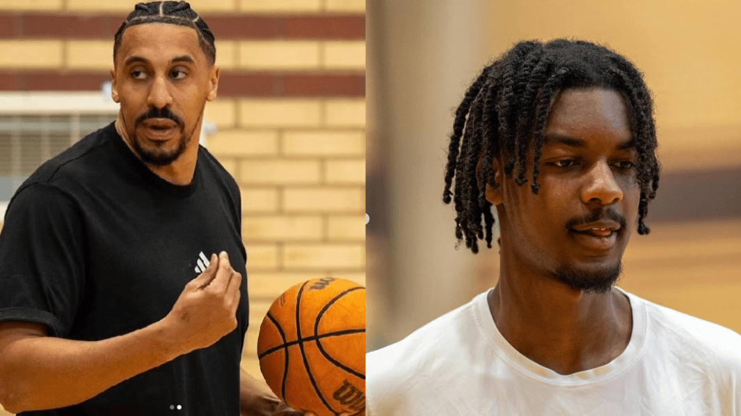 NBA Player holding ball on the left and portrait of student on the right