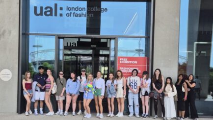 Students stood outside UAL London (large group)