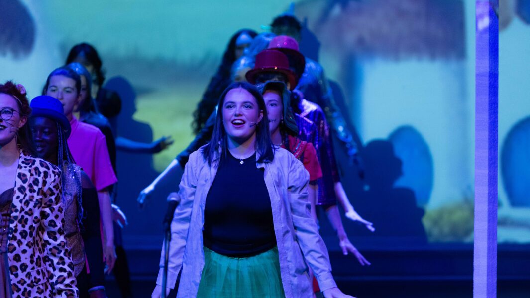 A large group of students dressed up on stage in the Wizard of Oz panto