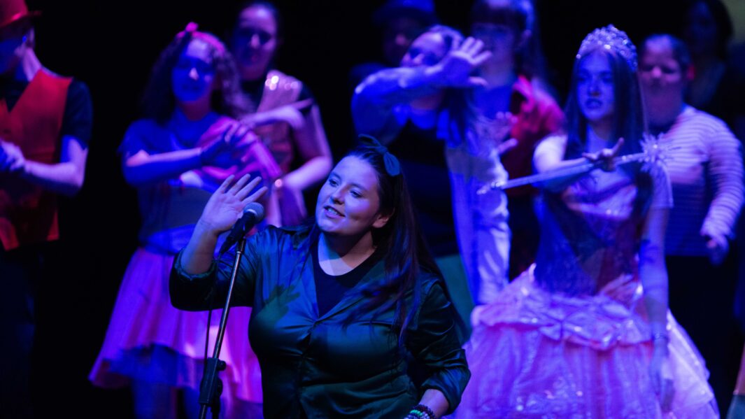 A large group of students dressed up on stage in the Wizard of Oz panto