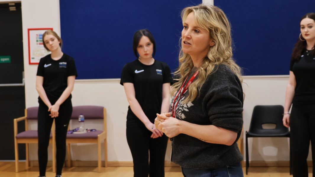 Actor and singer Carley Stenson, speaking to students about there monologues