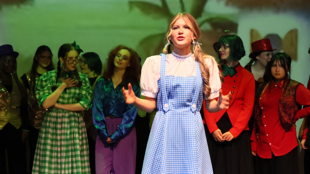 Student dressed as Dorothy from Wizard of Oz with other students int the background