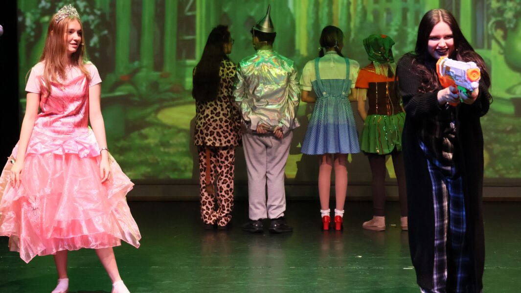 Students dressed as the main characters in the wizard of oz panto