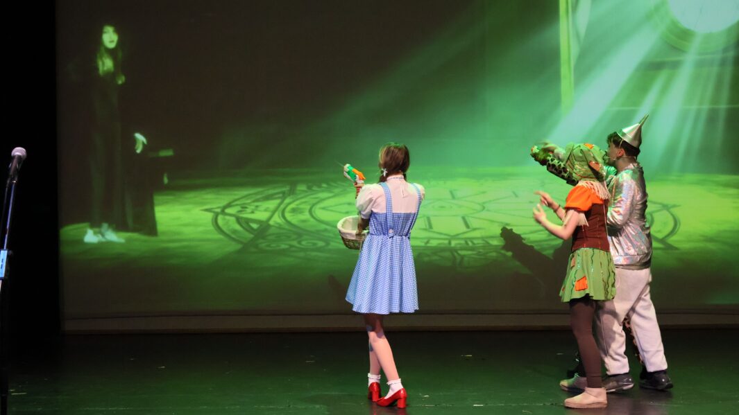 Students dressed as the main characters in the wizard of oz panto