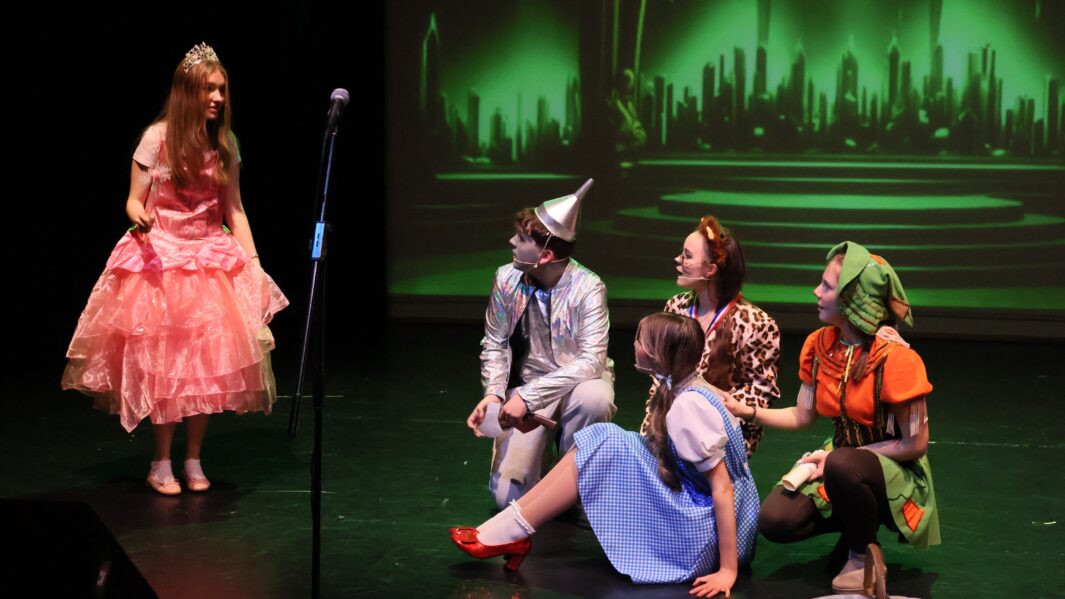 A group of students dressed up on stage in the Wizard of Oz panto