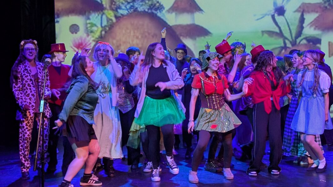 A large group of students dressed up on stage in the Wizard of Oz panto