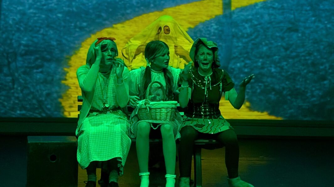 Students dressed as the main characters in the wizard of oz panto
