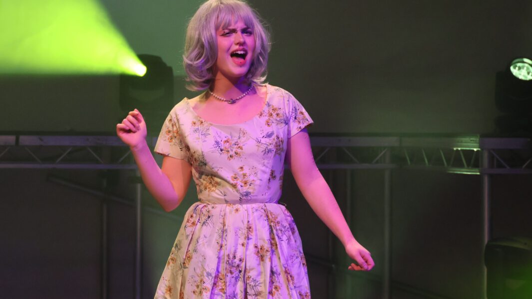 Girl on stage singing wearing a grey wig